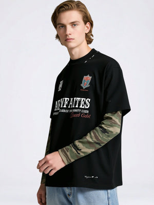 Hole Camouflage Splicing Fake Two Pieces Long-sleeved T-shirt