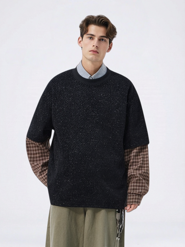 Gold Thread Weaving Fake Two Pieces Contrasting Colors Fleece Sweatshirt