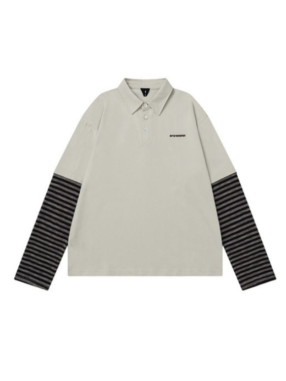 Fake Two Pieces Contrasting Colors POLO Collar Letter Embroidery Long-sleeved T-shirt