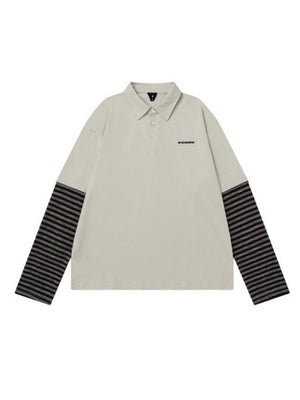 Fake Two Pieces Contrasting Colors POLO Collar Letter Embroidery Long-sleeved T-shirt