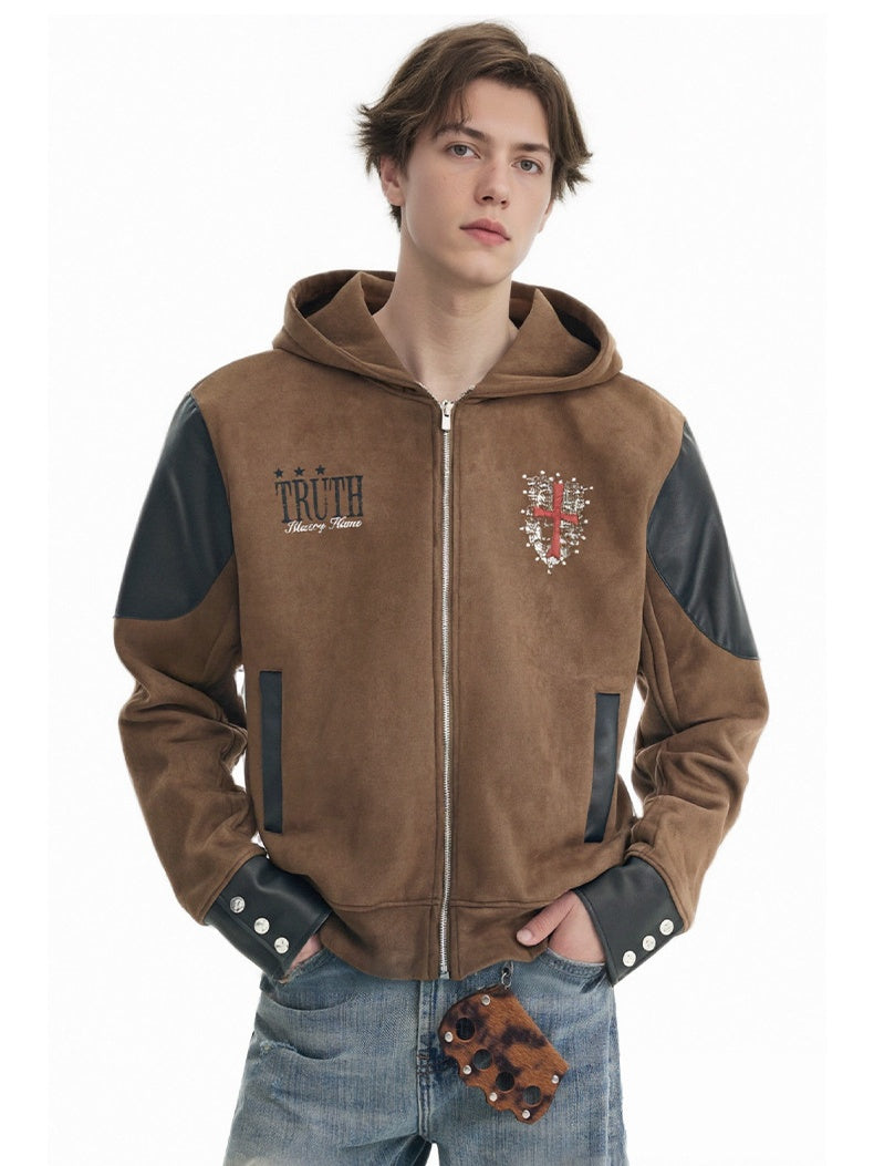 Vibe Leather Armor Splicing Deconstruction Hooded Zipper Jacket