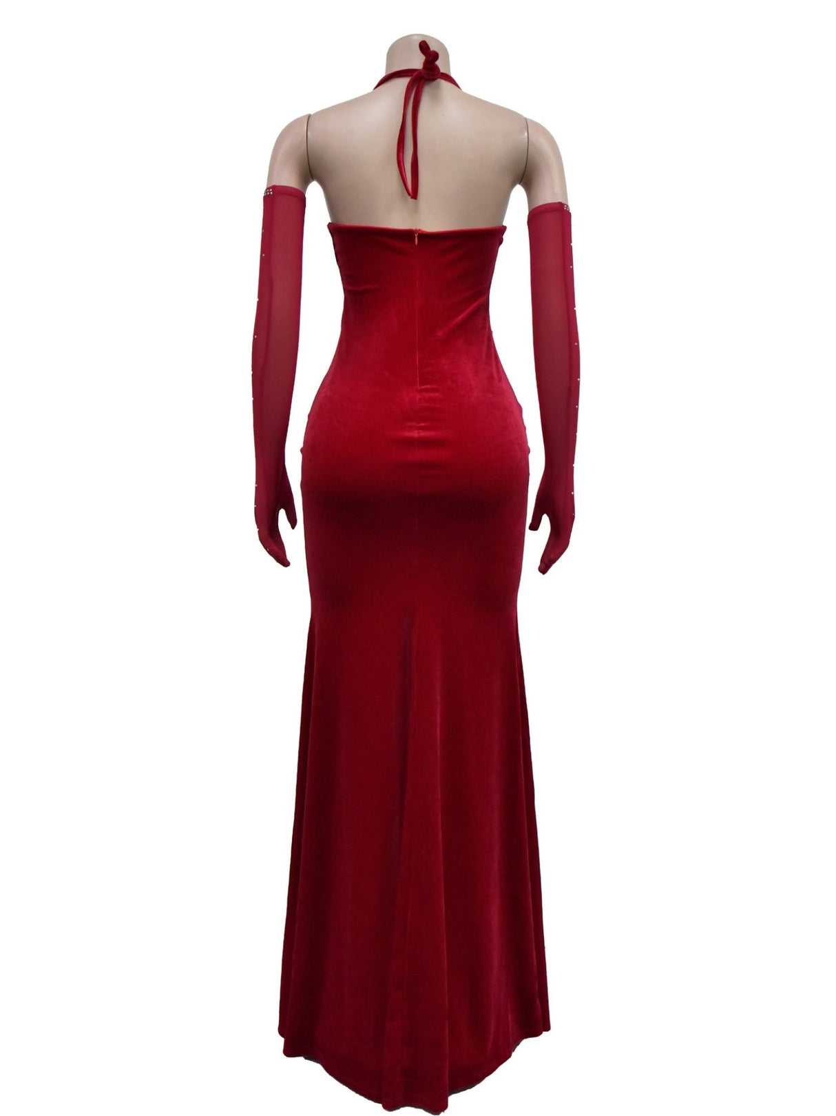 Abendkleid mit Strassbesatz, Patchwork aus Spitze und Samt, durchsichtigem Mesh, Neckholder und Schlitz