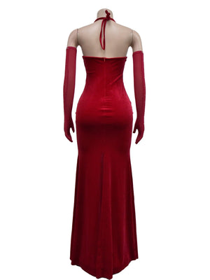 Abendkleid mit Strassbesatz, Patchwork aus Spitze und Samt, durchsichtigem Mesh, Neckholder und Schlitz
