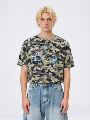 Retro Figure Printed Camouflage Cropped T-shirts