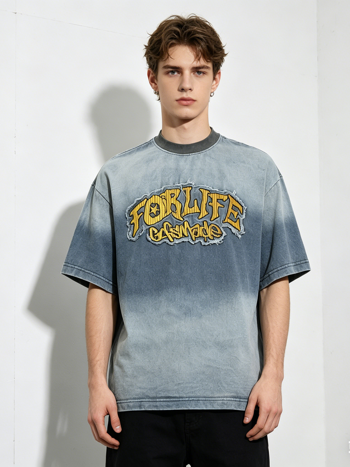 Tie-dye Gradient Washed Distressed Embroidery Denim T-shirt