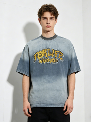 Tie-dye Gradient Washed Distressed Embroidery Denim T-shirt