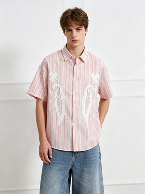 Pink Stripes Vibe Embroidery Hollow Out Shirts