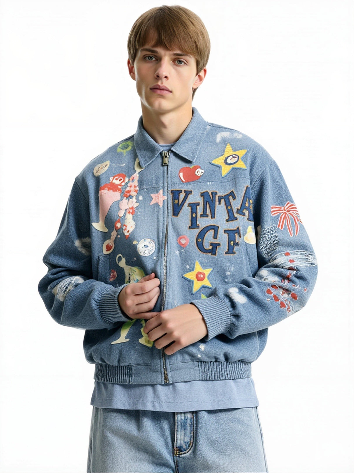 Fun And Stylish Prints Loose Washing Denim Jacket