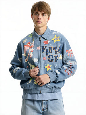 Fun And Stylish Prints Loose Washing Denim Jacket