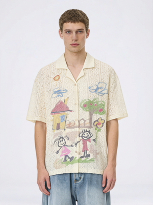 Hand-drawn Graffiti Printed Beach Vacation Lace Shirts