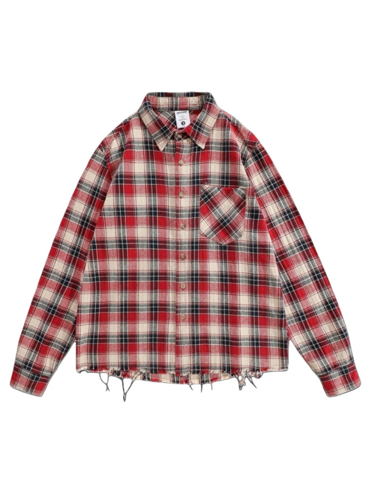 Contrasting Colors Plaid Loose Lapel Raw Edge Buttons Long-sleeved Shirt