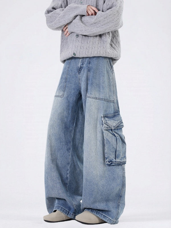 Old Washing Multiple Pockets Tooling Wide-leg Mopping Jeans