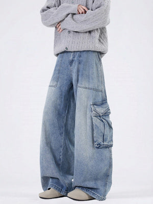 Old Washing Multiple Pockets Tooling Wide-leg Mopping Jeans