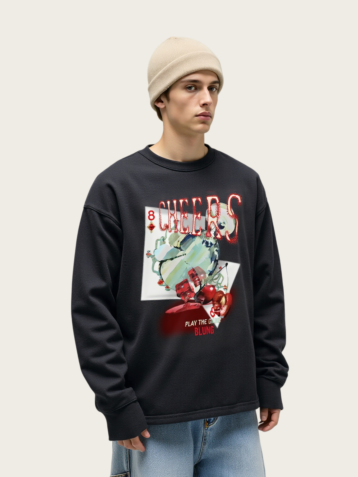 Washing And Aging Retro Poker And Dice Game Direct Inkjet Printing Long-sleeved T-shirt