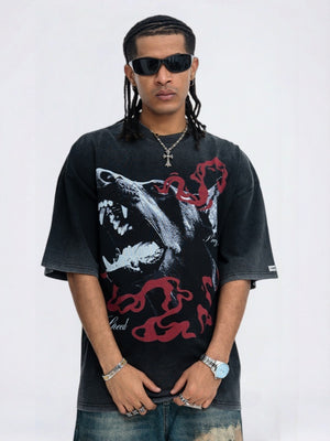 Washing Water Distressed Doberman Pinscher Printed Loose-fit T-shirts
