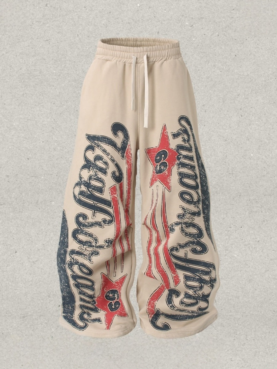 Plush Graffiti Print Loose Leisure Wide-leg Trousers