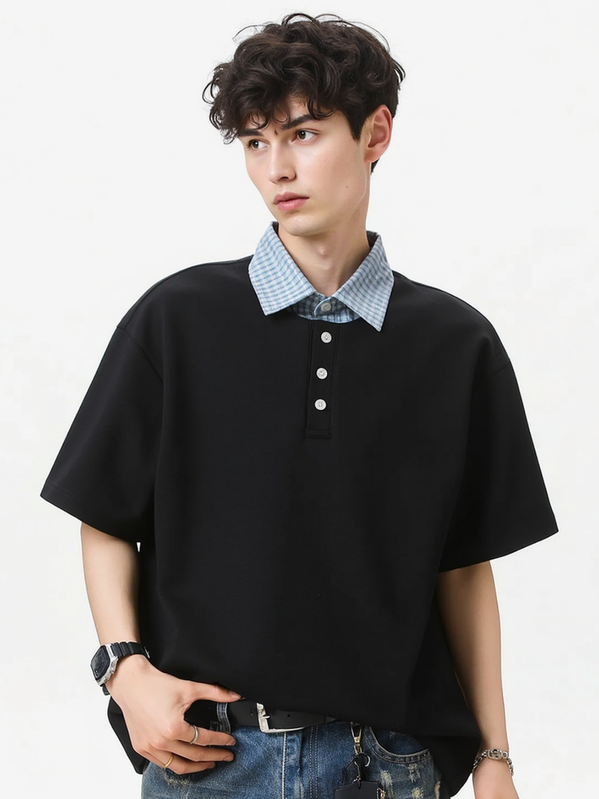 College Style Layered-look Color-blocked Plaid Polo Shirt