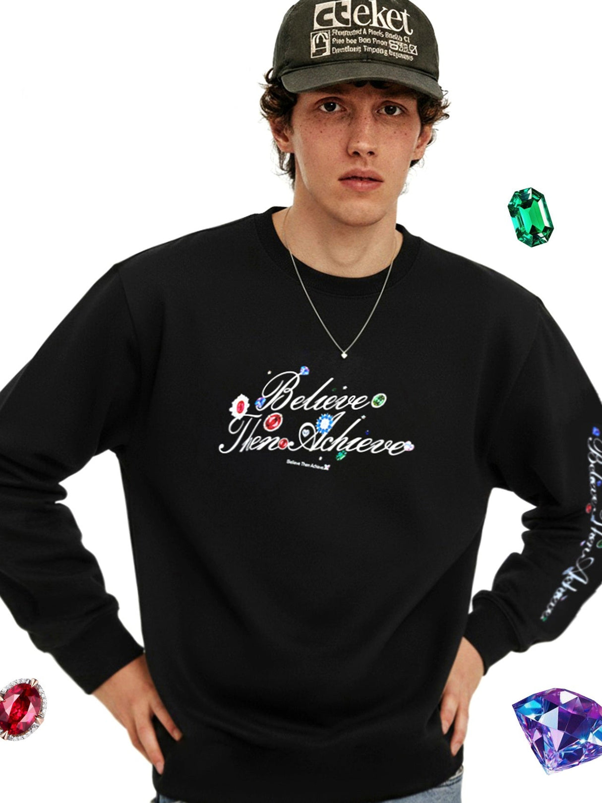 Crystal Lucky Alphabet Gem Print Long-sleeved T-shirt