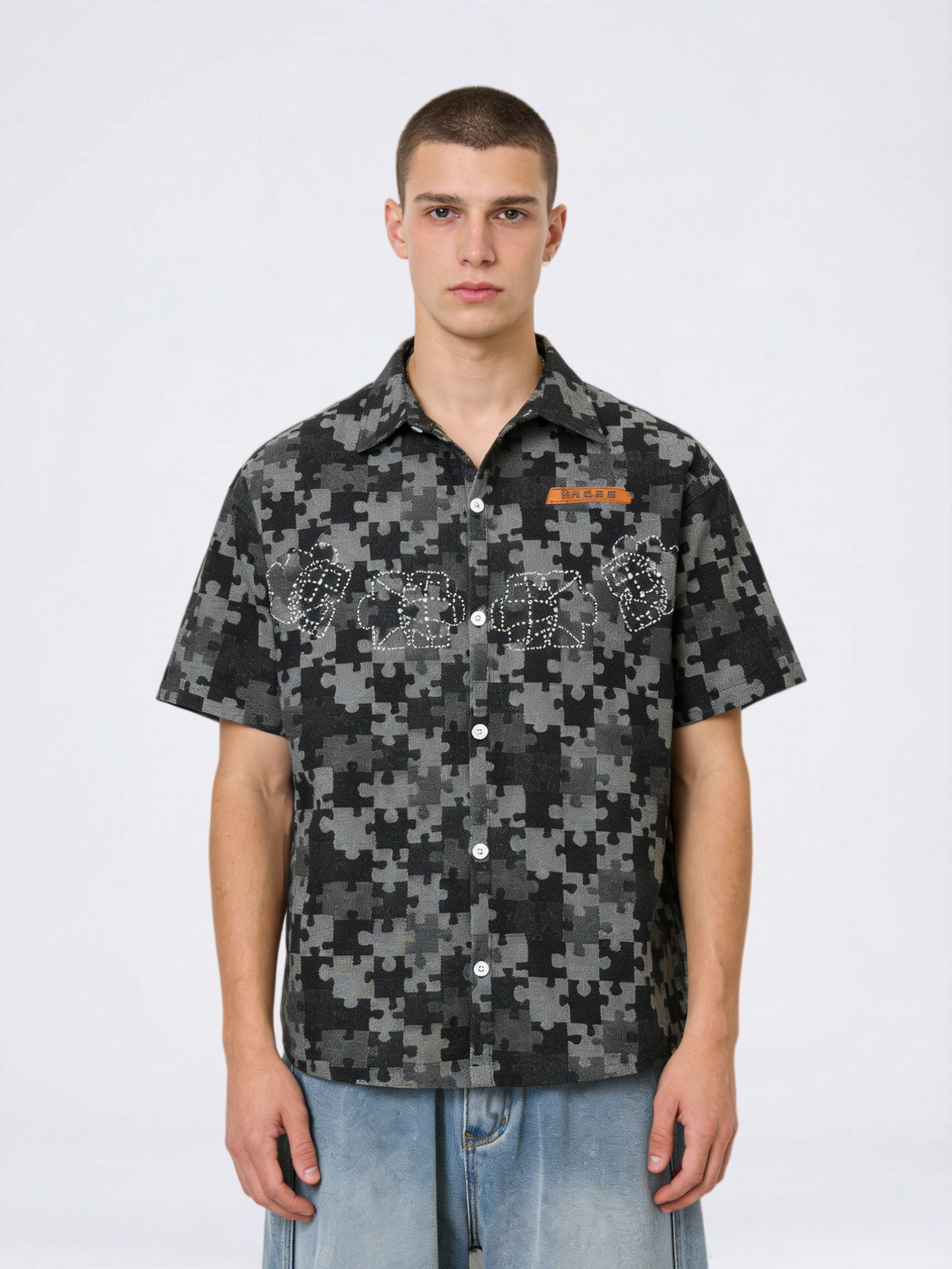 Retro Puzzle Rhinestone-studded Floral Shirts