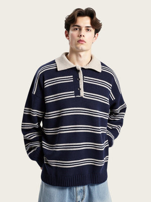 Stripes Contrasting Colors Polo Collar Loose Sweaters