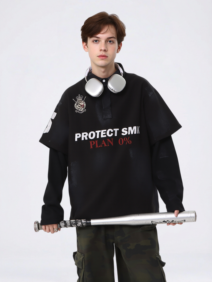 Wasteland Style American Jersey Fake Two Pieces Embroidery Polo Shirt