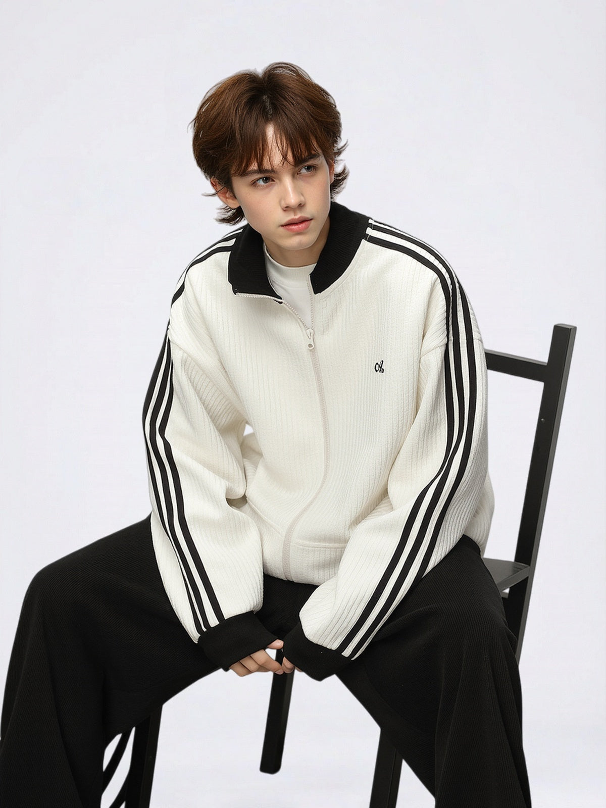 Color-blocked Vertical Stripe Loose-fit Cardigan Sweatshirt