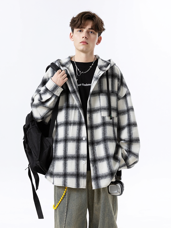 Plaid Stripes Sanding Thickening Hooded Long-sleeved Shirt