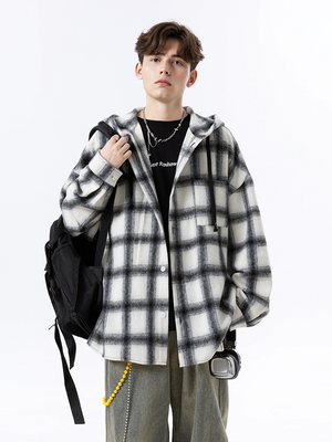 Plaid Stripes Sanding Thickening Hooded Long-sleeved Shirt