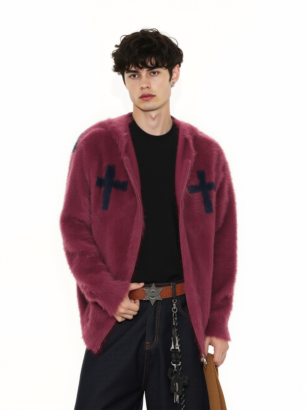 Retro Mohair Loose Zipper Hooded Cardigans