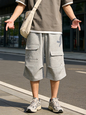 Multiple Pockets Embroidery Work Clothes Wide-leg Shorts