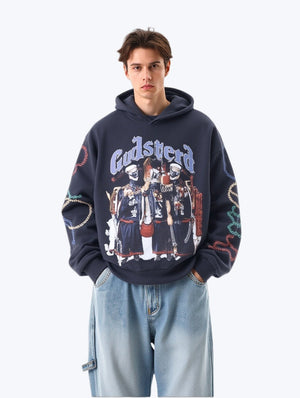 Rock Washed And Aged Skull Print Hooded Sweatshirt