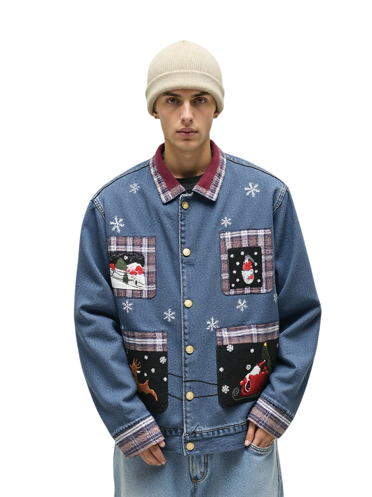 Christmas Pattern Embroidery Washing Splicing Denim Jacket