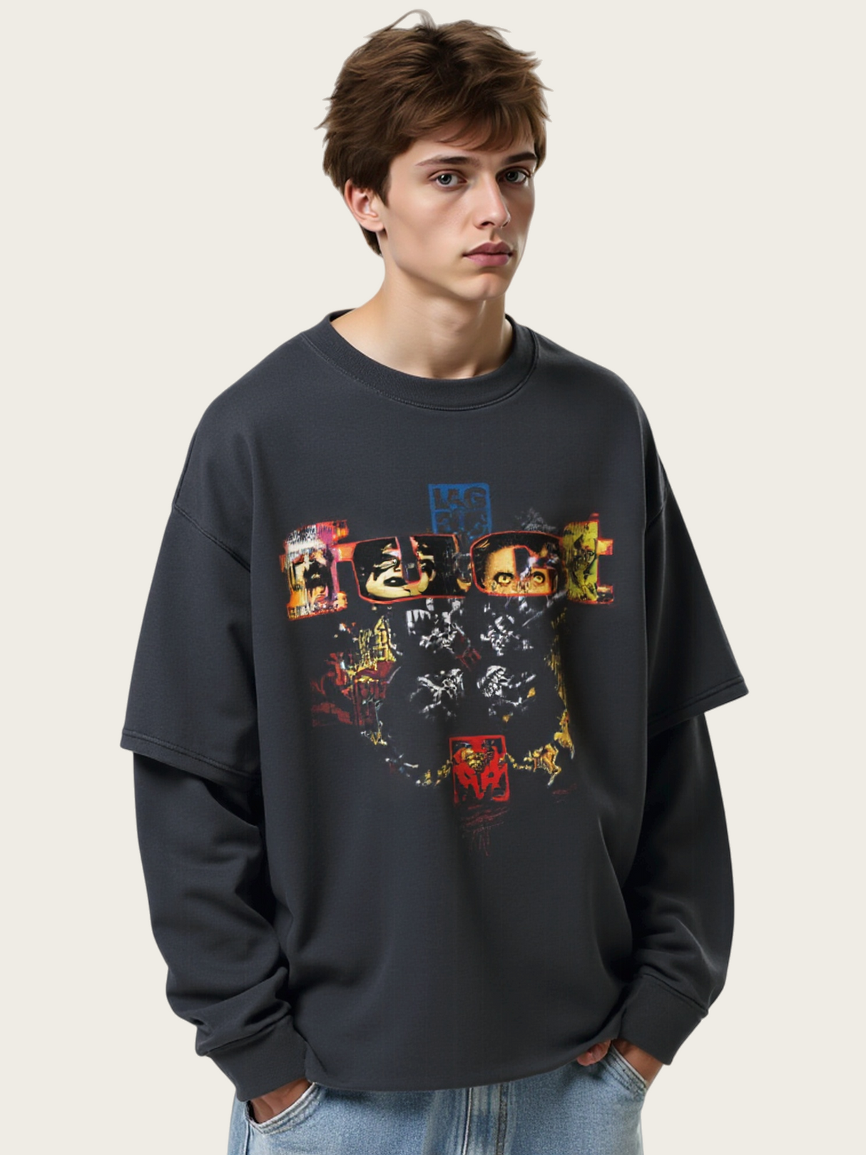 Punk Rebellion Fake Two Pieces Spliced Sleeves Vintage Distressed Printed Long T-shirt