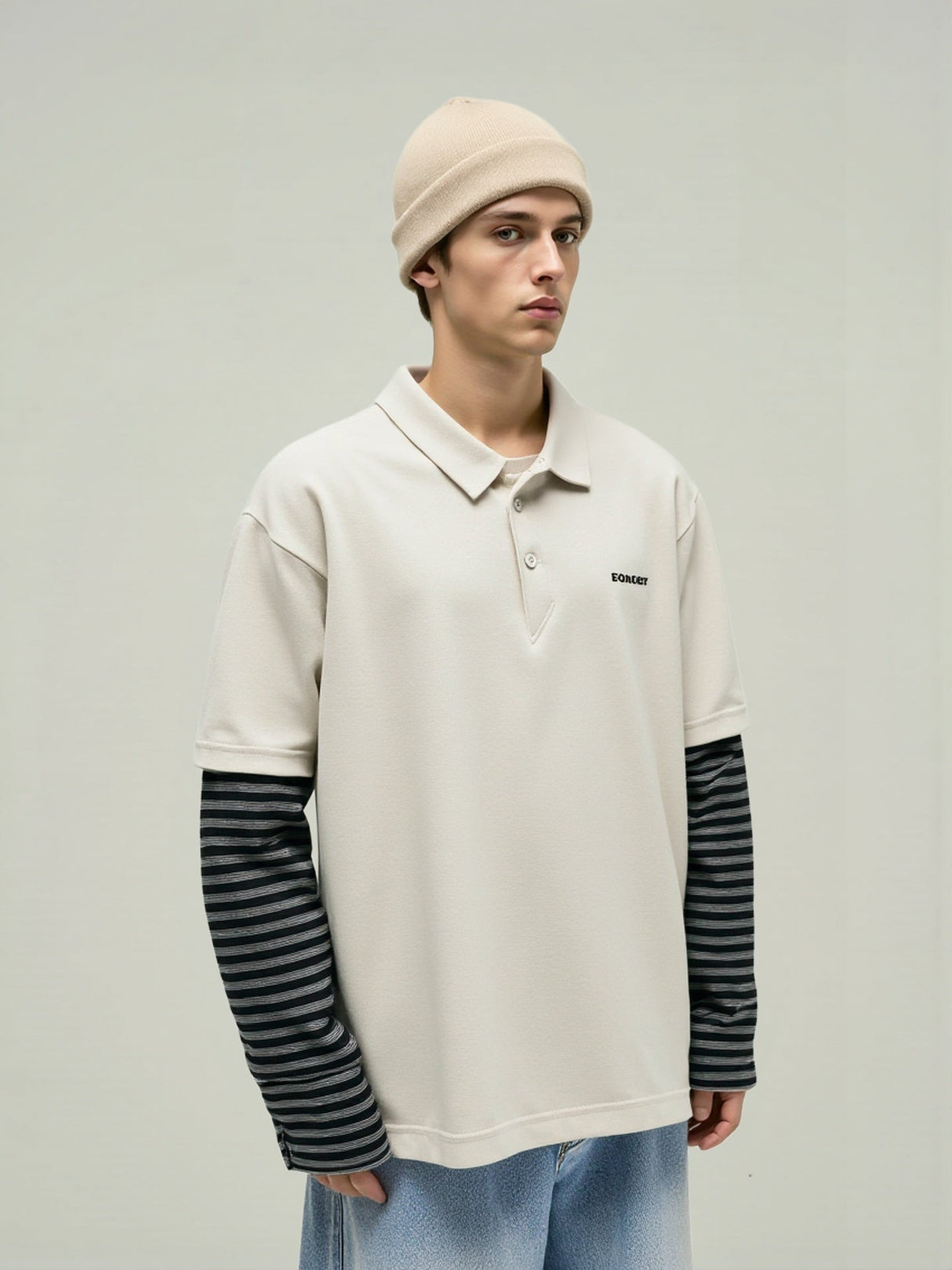 Fake Two Pieces Contrasting Colors POLO Collar Letter Embroidery Long-sleeved T-shirt