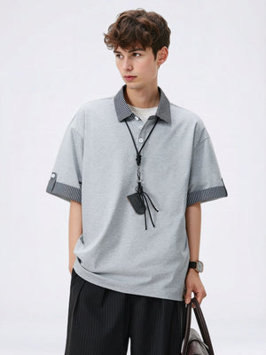 Color-blocked Layered-look Stripes Patchwork Polo Shirt