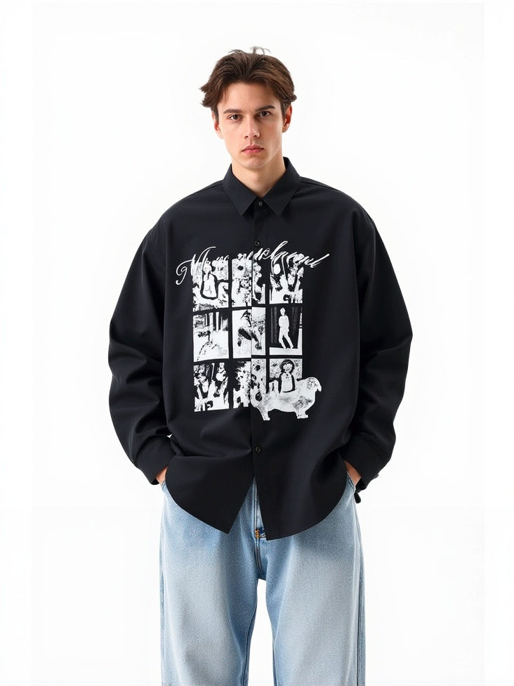 Retro Abstract Character Print Loose Lapel Long-sleeved Shirt