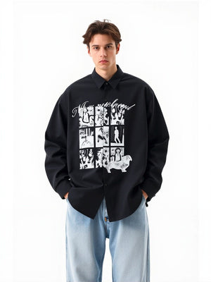 Retro Abstract Character Print Loose Lapel Long-sleeved Shirt