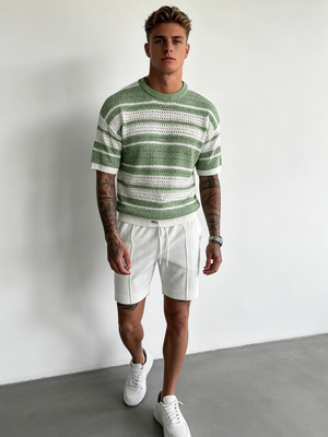 Hollow Out Color-blocked Retro Stripes Knitting T-shirts