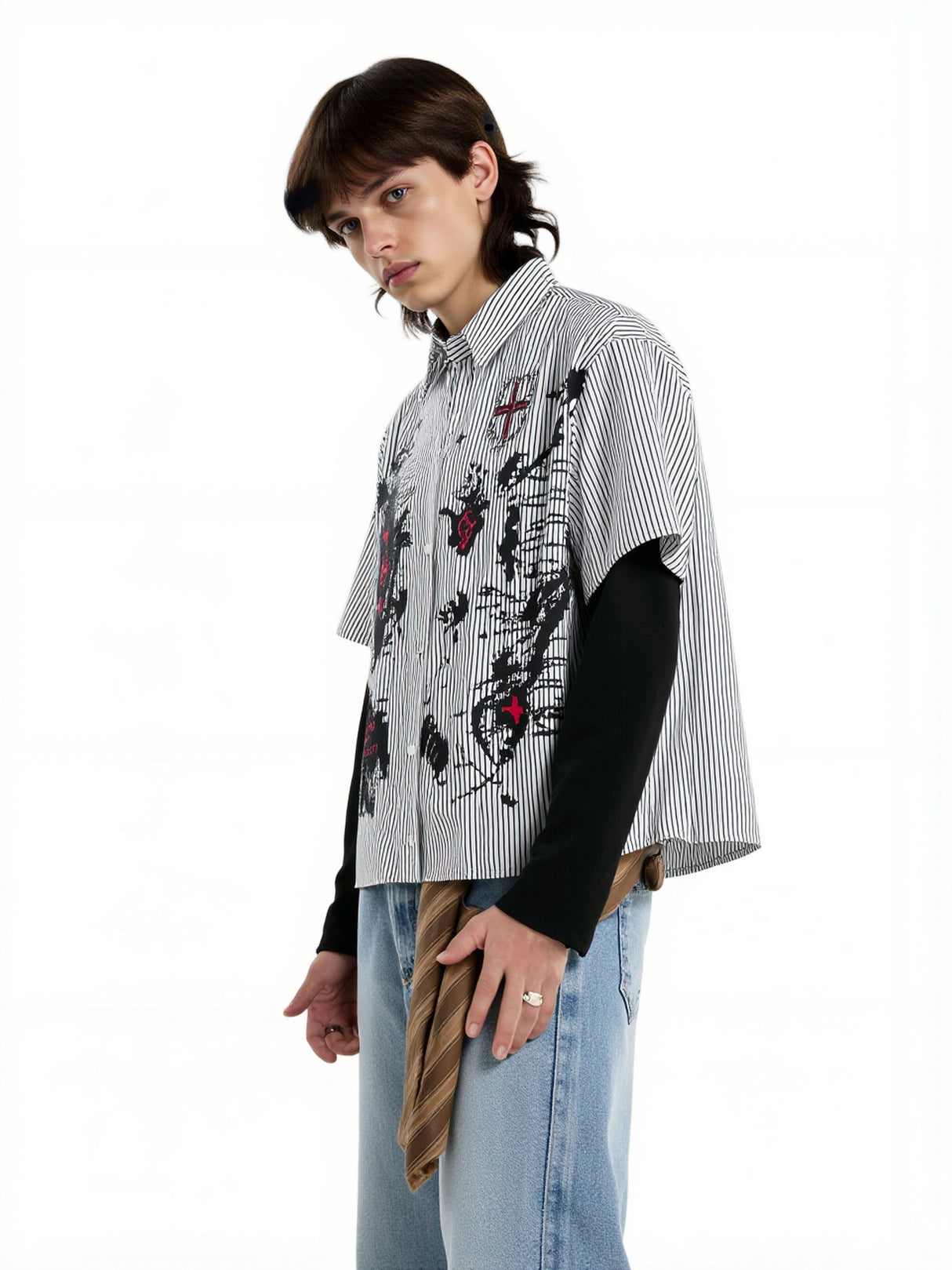 Fake Two Pieces Vertical Stripe Dark Graffiti Ink Prints Paneled Long-sleeved Shirt