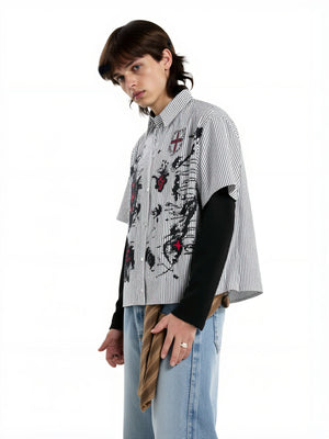 Fake Two Pieces Vertical Stripe Dark Graffiti Ink Prints Paneled Long-sleeved Shirt