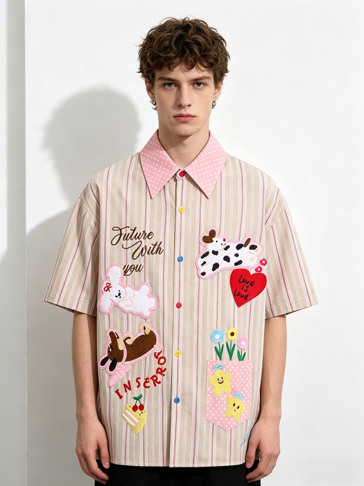 Cartoon Embroidery Vertical Stripe Hip Hop Loose-fit Color-blocked Shirts