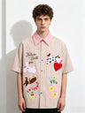 Cartoon Embroidery Vertical Stripe Hip Hop Loose-fit Color-blocked Shirts