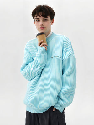 Zippered Pockets Thickening Crew Neck Sweater