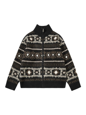 Fair Isle Contrasting Colors Jacquard Preppy Style Knitted Cardigan