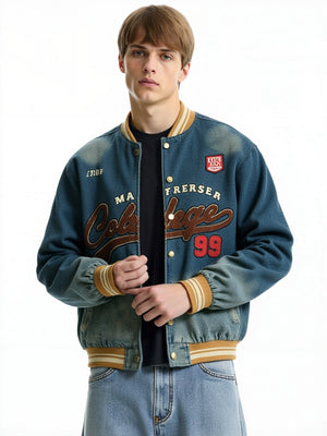 Retro Washing Letter Embroidery Baseball Uniform Denim Jacket