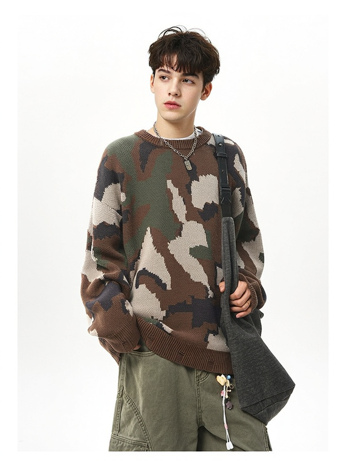 Retro Camouflage Crew Neck Sweaters
