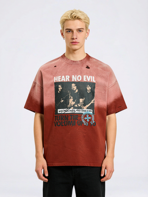 Washed Distressed Figure Printed Loose-fit Hole T-shirts