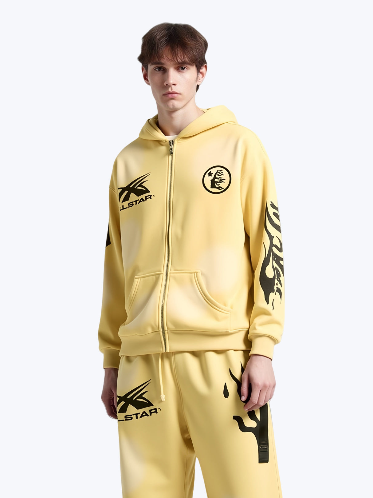 Washing Water Old Printed Zipper Hood Sweatshirt Trousers Set