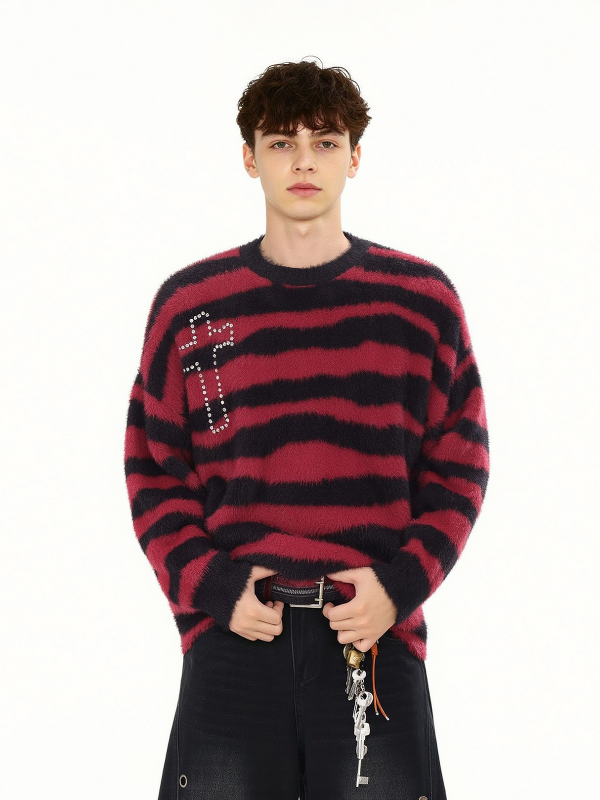 Stripes Hot Diamond Cross Imitation Mohair Sweater