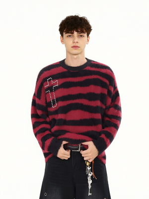 Stripes Hot Diamond Cross Imitation Mohair Sweater